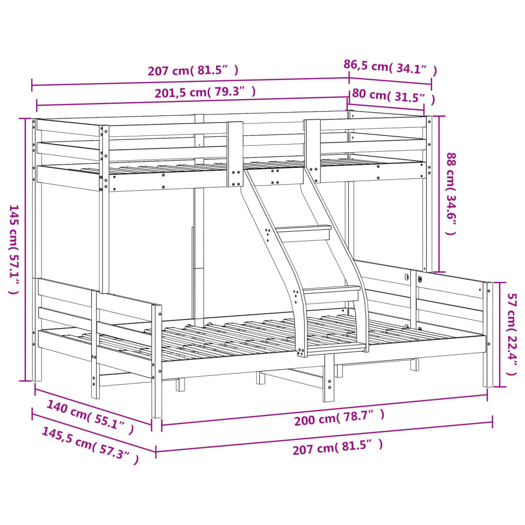 vidaXL Κουκέτα 80x200/140x200 εκ. από Μασίφ Ξύλο Πεύκου