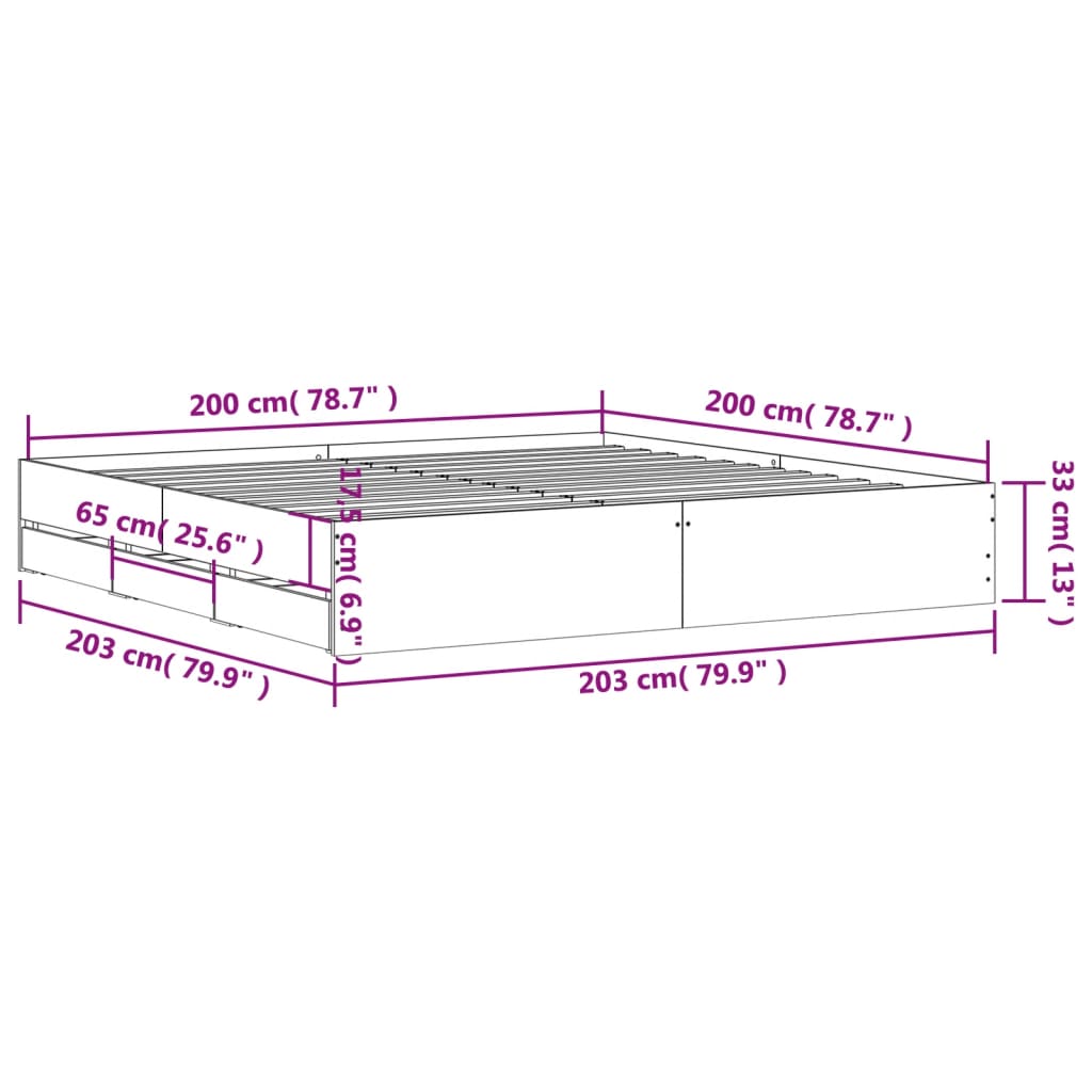 vidaXL Πλαίσιο Κρεβατιού με Συρτάρια Μαύρο 200x200 εκ Επεξεργ. Ξύλο
