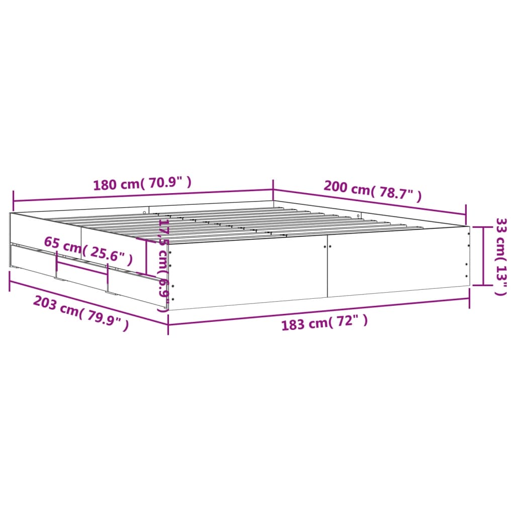 vidaXL Πλαίσιο Κρεβατιού με συρτάρια Γκρι sonoma 180x200εκ. Επεξ. Ξύλο