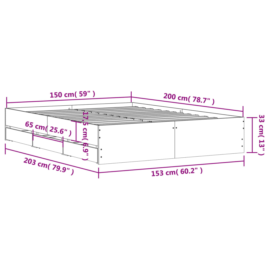 vidaXL Πλαίσιο Κρεβατιού με Συρτάρια Γκρι Sonoma 150x200εκ. Επεξ. Ξύλο