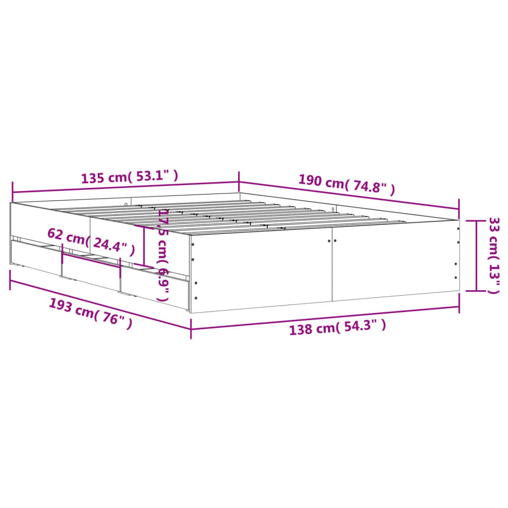 vidaXL Πλαίσιο Κρεβατιού με συρτάρια Καφέ Δρυς 135x190εκ. Επεξ. Ξύλο