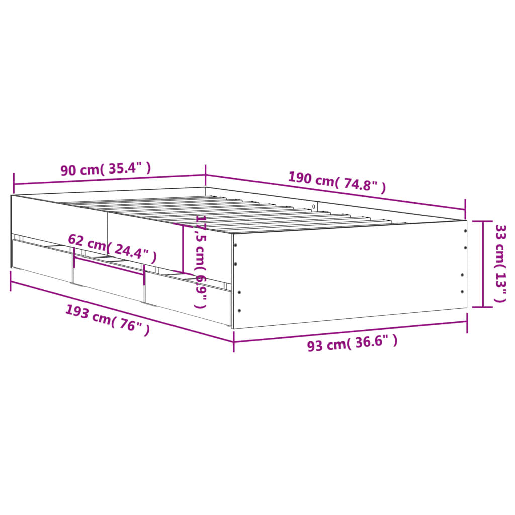 vidaXL Πλαίσιο Κρεβατιού με Συρτάρια Μαύρο 90x190 εκ. Επεξ. Ξύλο