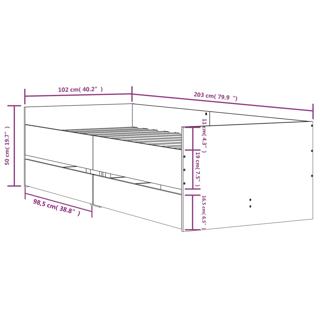 vidaXL Πλαίσιο Κρεβατιού με Συρτάρια Μαύρο 100x200 εκ.