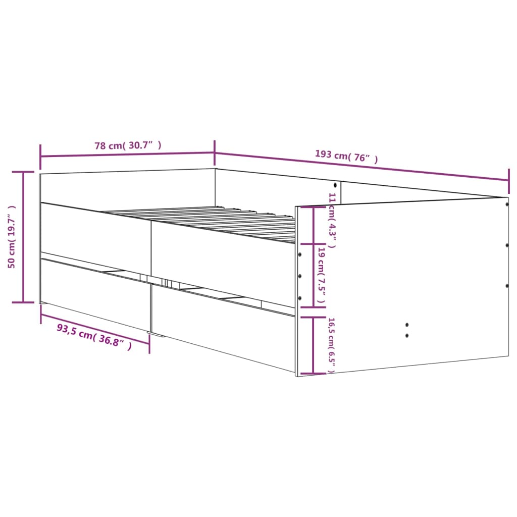 vidaXL Πλαίσιο Κρεβατιού Με Συρτάρια Μαύρο 75x190 εκ Small Single