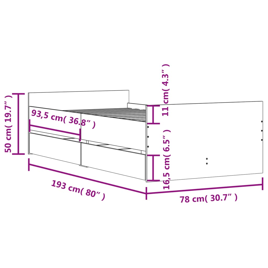 vidaXL Πλαίσιο Κρεβατιού Με Συρτάρια Μαύρο 75x190 εκ Small Single