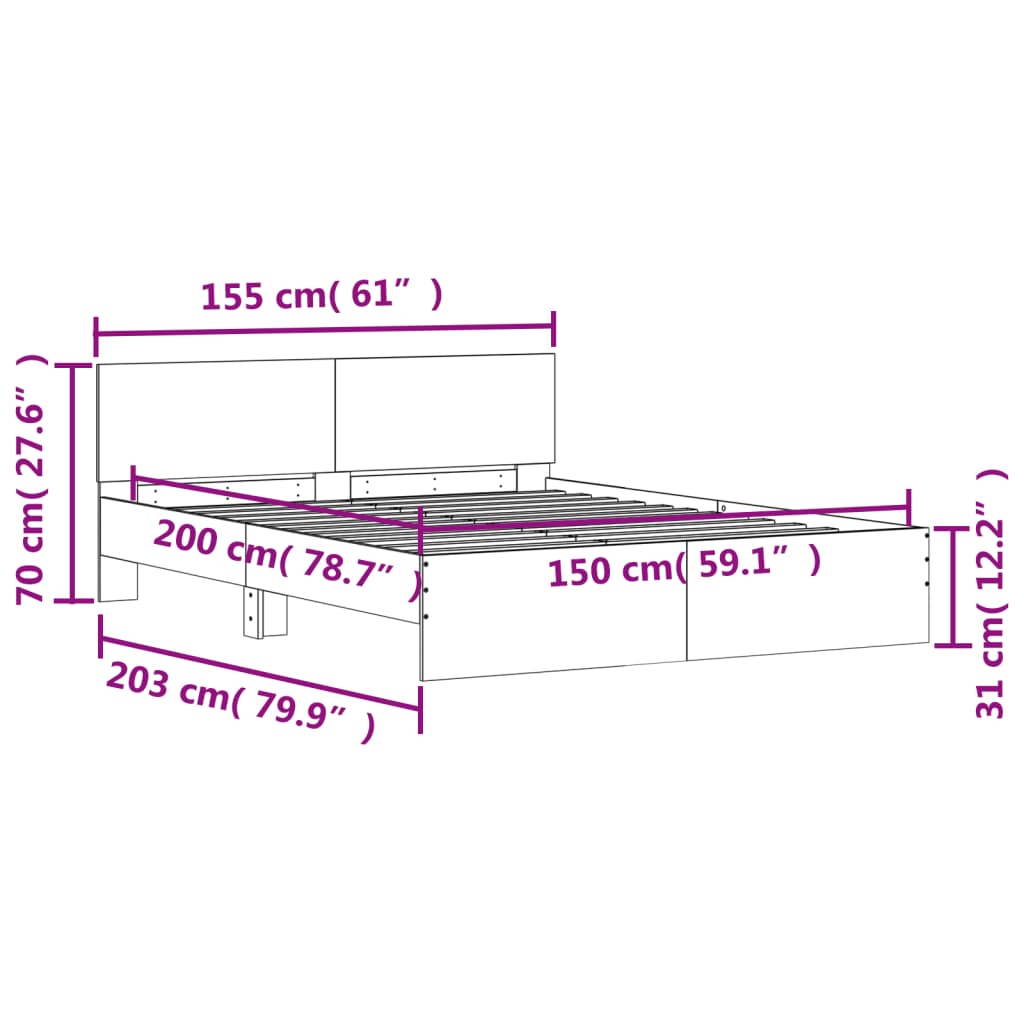 vidaXL Πλαίσιο Κρεβατιού με Κεφαλάρι Μαύρο 150 x 200 εκ