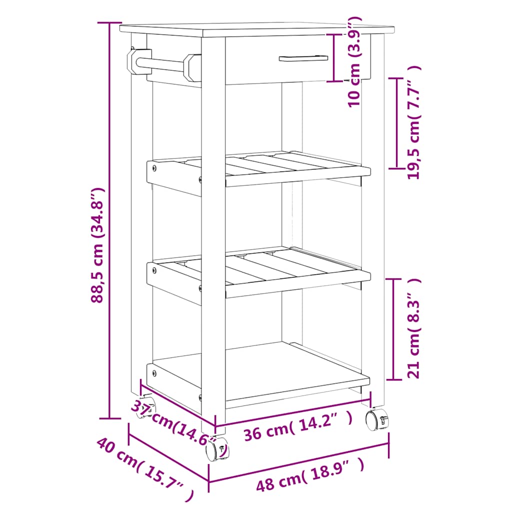 vidaXL Τρόλεϊ Κουζίνας MONZA 48x40x88,5 εκ. από Μασίφ Ξύλο Πεύκου