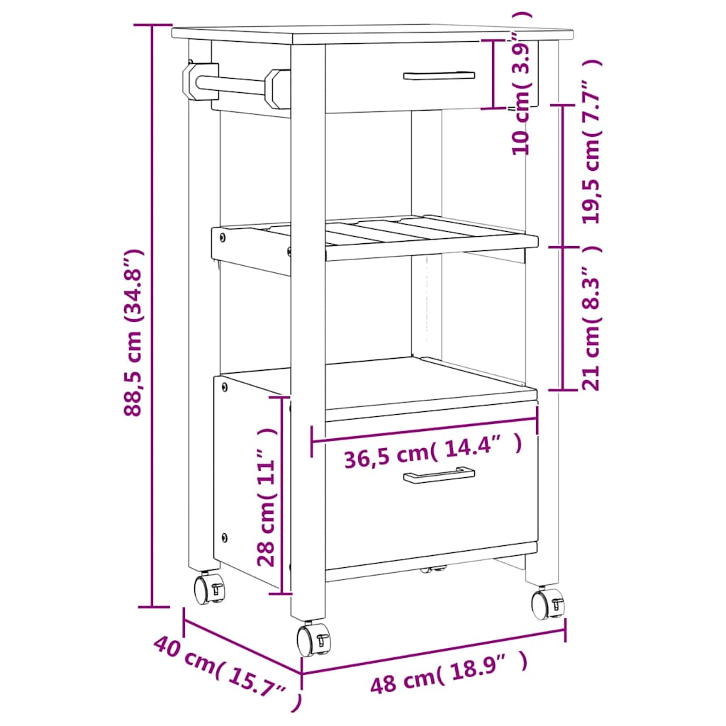 vidaXL Τρόλεϊ Κουζίνας MONZA 48x40x88,5 εκ. από Μασίφ Ξύλο Πεύκου