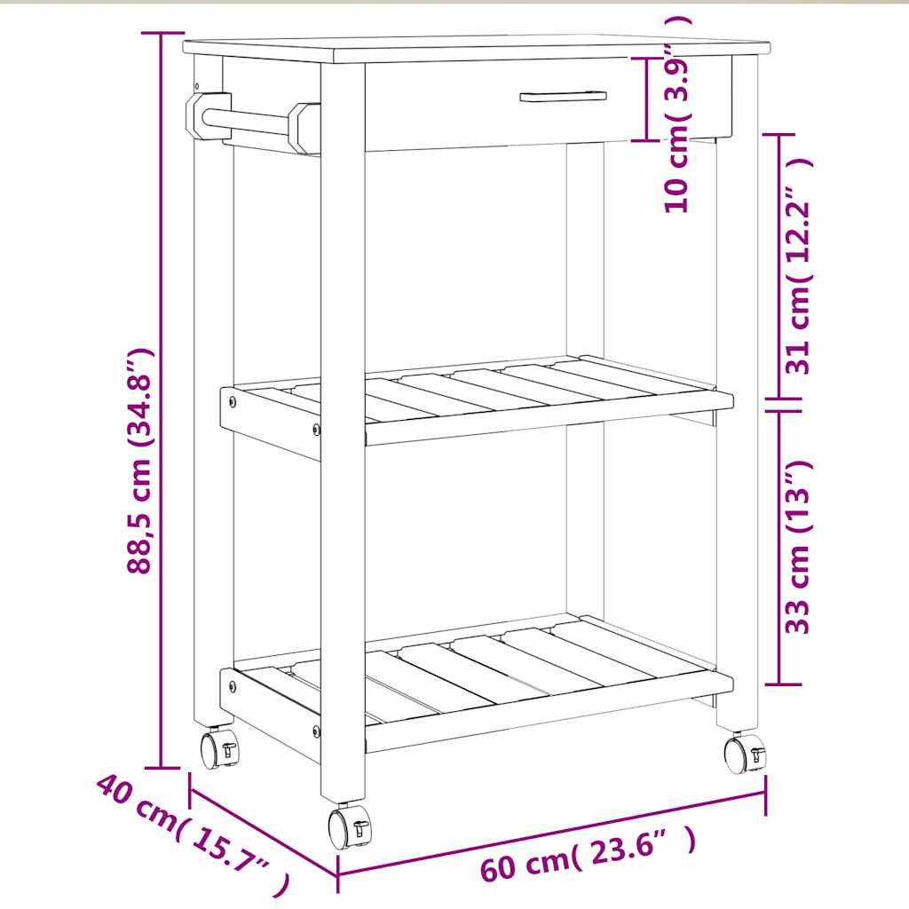 vidaXL Τρόλεϊ Κουζίνας MONZA 60x40x88,5 εκ. από Μασίφ Ξύλο Πεύκου