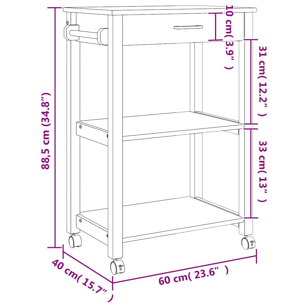 vidaXL Τρόλεϊ Κουζίνας MONZA 60x40x88,5 εκ. από Μασίφ Ξύλο Πεύκου