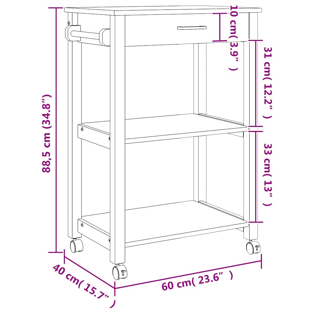 vidaXL Τρόλεϊ Κουζίνας MONZA 60x40x88,5 εκ. από Μασίφ Ξύλο Πεύκου