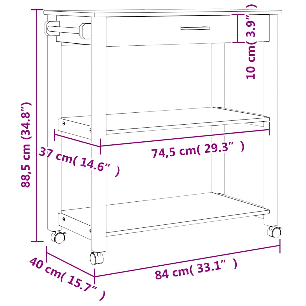 vidaXL Τρόλεϊ Κουζίνας MONZA 84 x 40 x 88,5 εκ. από Μασίφ Ξύλο Πεύκου