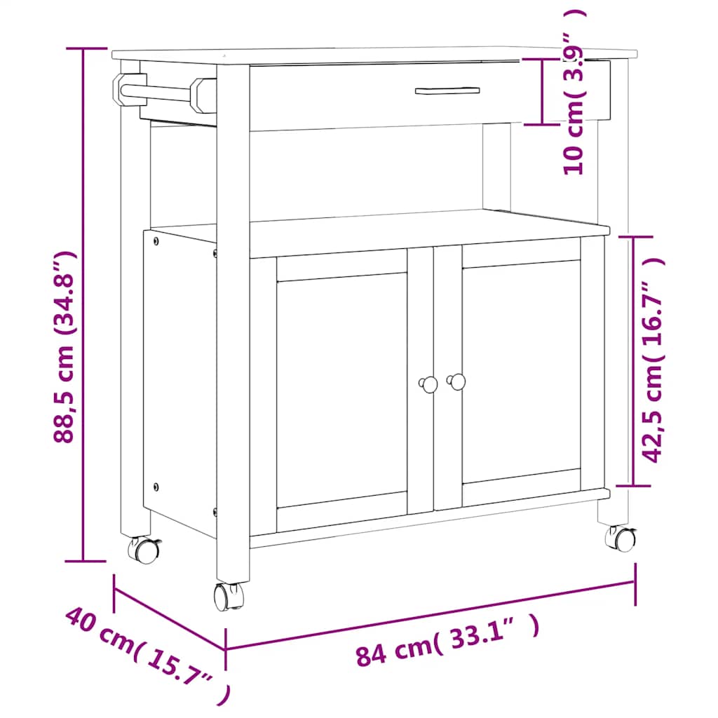 vidaXL Τρόλεϊ Κουζίνας MONZA 84x40x88,5 εκ. από Μασίφ Ξύλο Πεύκου