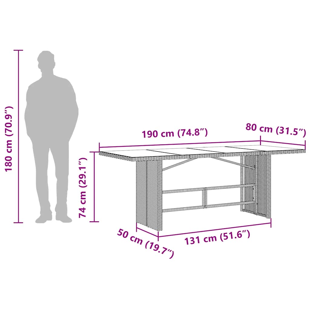vidaXL Τραπέζι Κήπου με Γυάλινη Επιφάνεια Μαύρο 190x80x74 εκ. Ρατάν