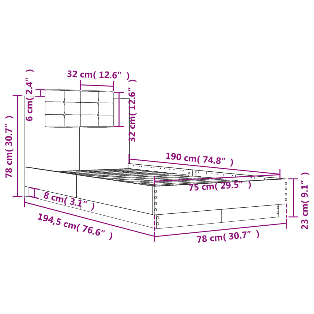 vidaXL Πλαίσιο Κρεβατιού με Κεφαλάρι Sonoma Δρυς 75x190 εκ. Επεξ. Ξύλο