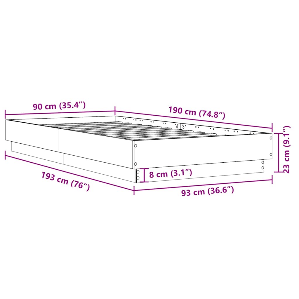 vidaXL Πλαίσιο Κρεβατιού Γκρι Σκυροδέματος 90 x 190 εκ. Επεξεργ. Ξύλο