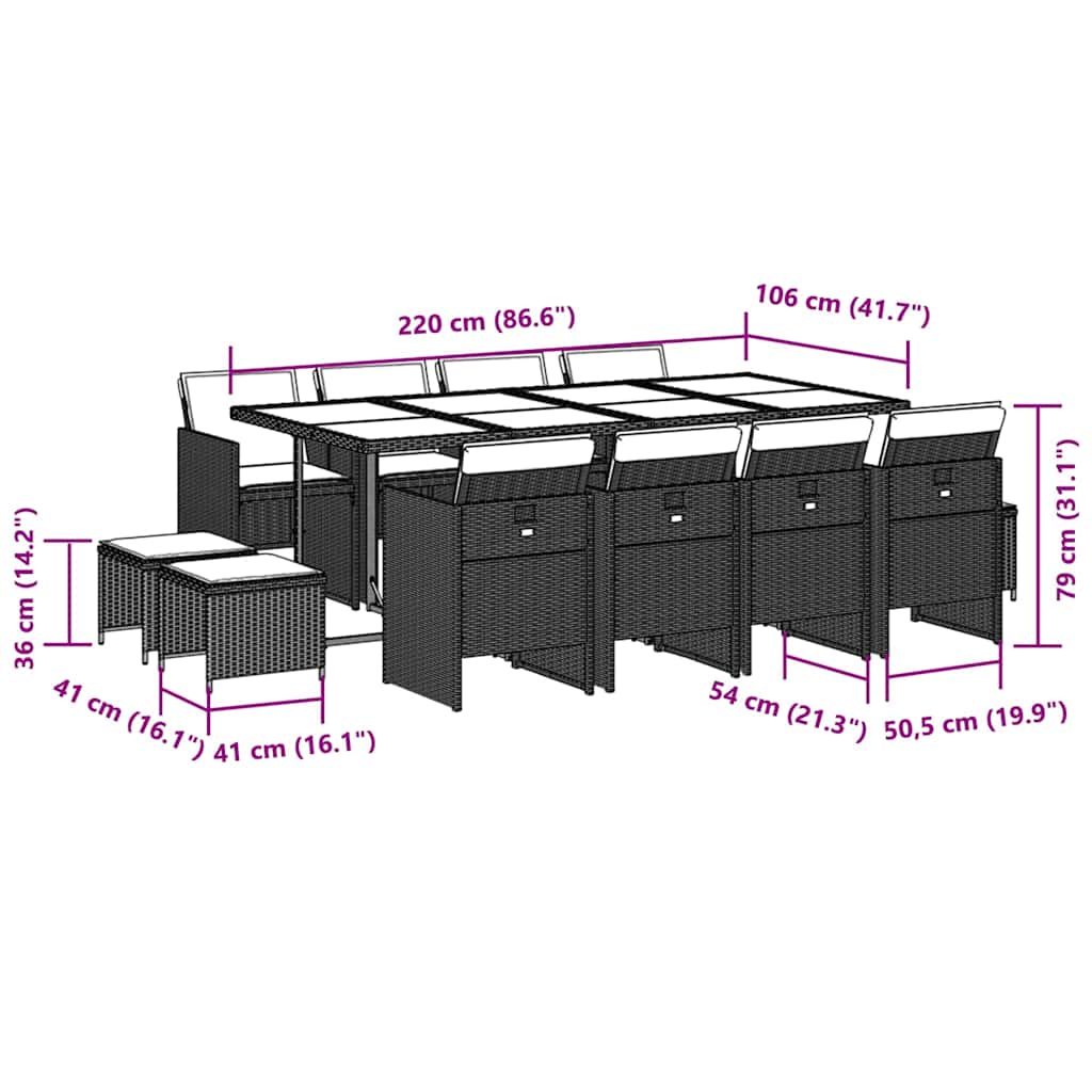 vidaXL Σετ Τραπεζαρίας Κήπου 13τεμ. Μαύρο από Συνθ. Ρατάν με Μαξιλάρια