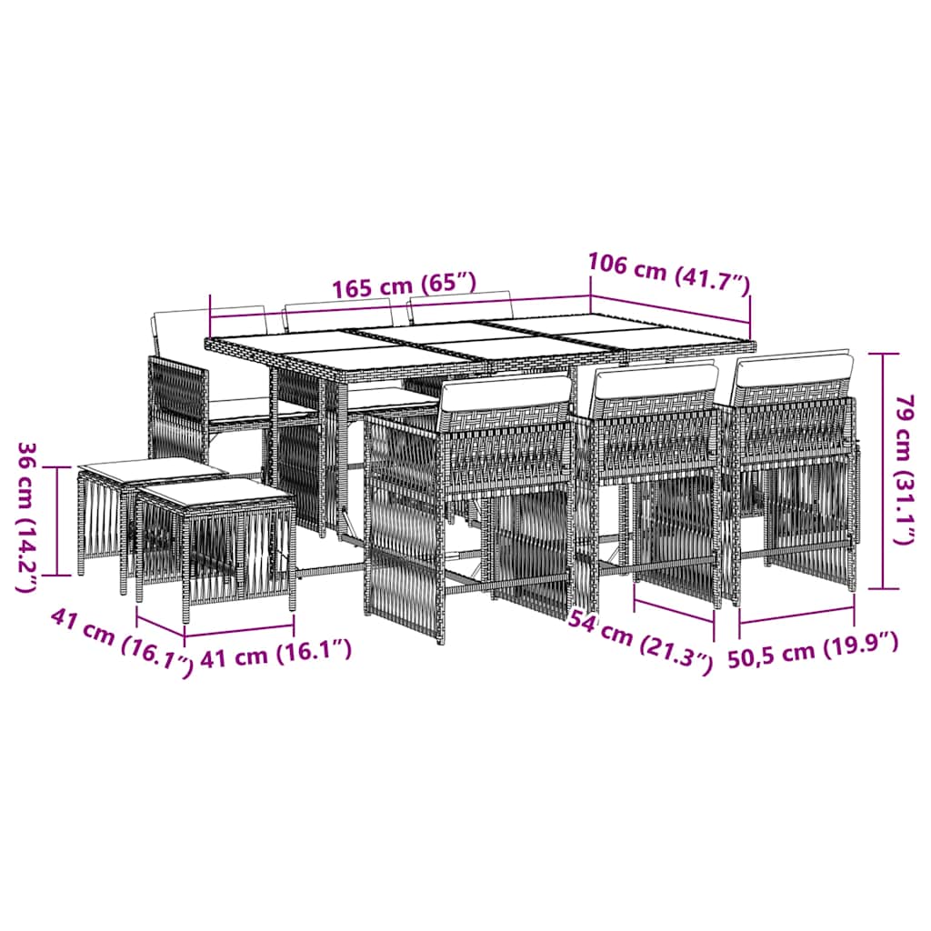 vidaXL Σετ Τραπεζαρίας Κήπου 11 τεμ Μαύρο από Συνθ. Ρατάν με Μαξιλάρια