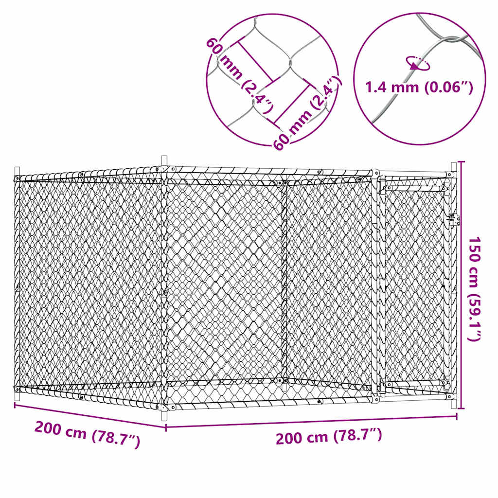 vidaXL Κλουβί Σκύλου με Πόρτα Γκρι 2x2x1,5 μ. Γαλβανισμένος Χάλυβας