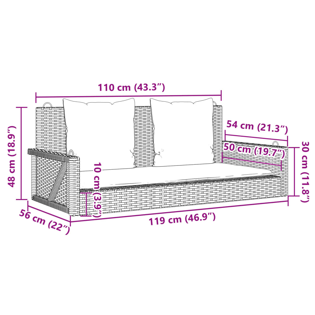 vidaXL Παγκάκι Κούνιας με Μαξιλάρια Γκρι 119 x 56 x 48 εκ. από Συνθετικό Ρατάν