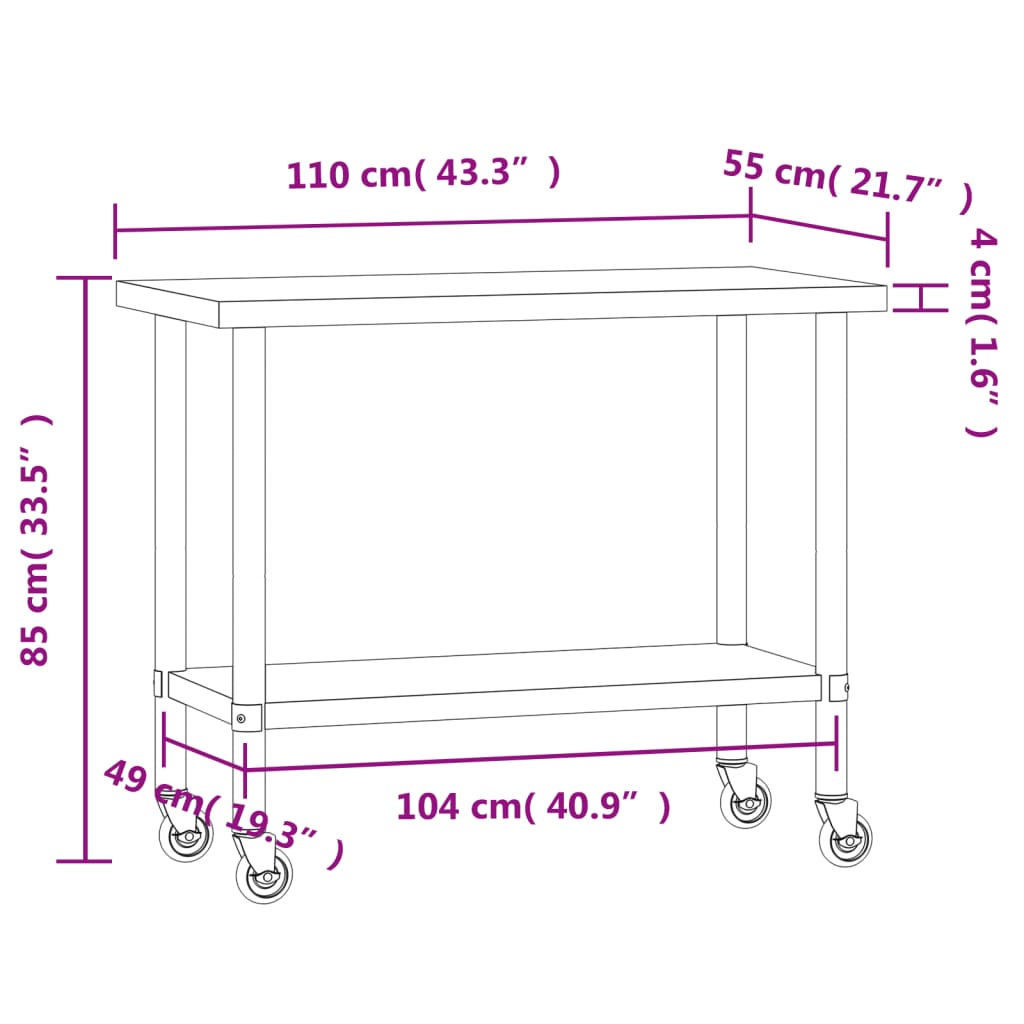 vidaXL Πάγκος Εργασίας Κουζίνας με Ροδάκια 110x55x85 εκ. Ανοξ. Ατσάλι