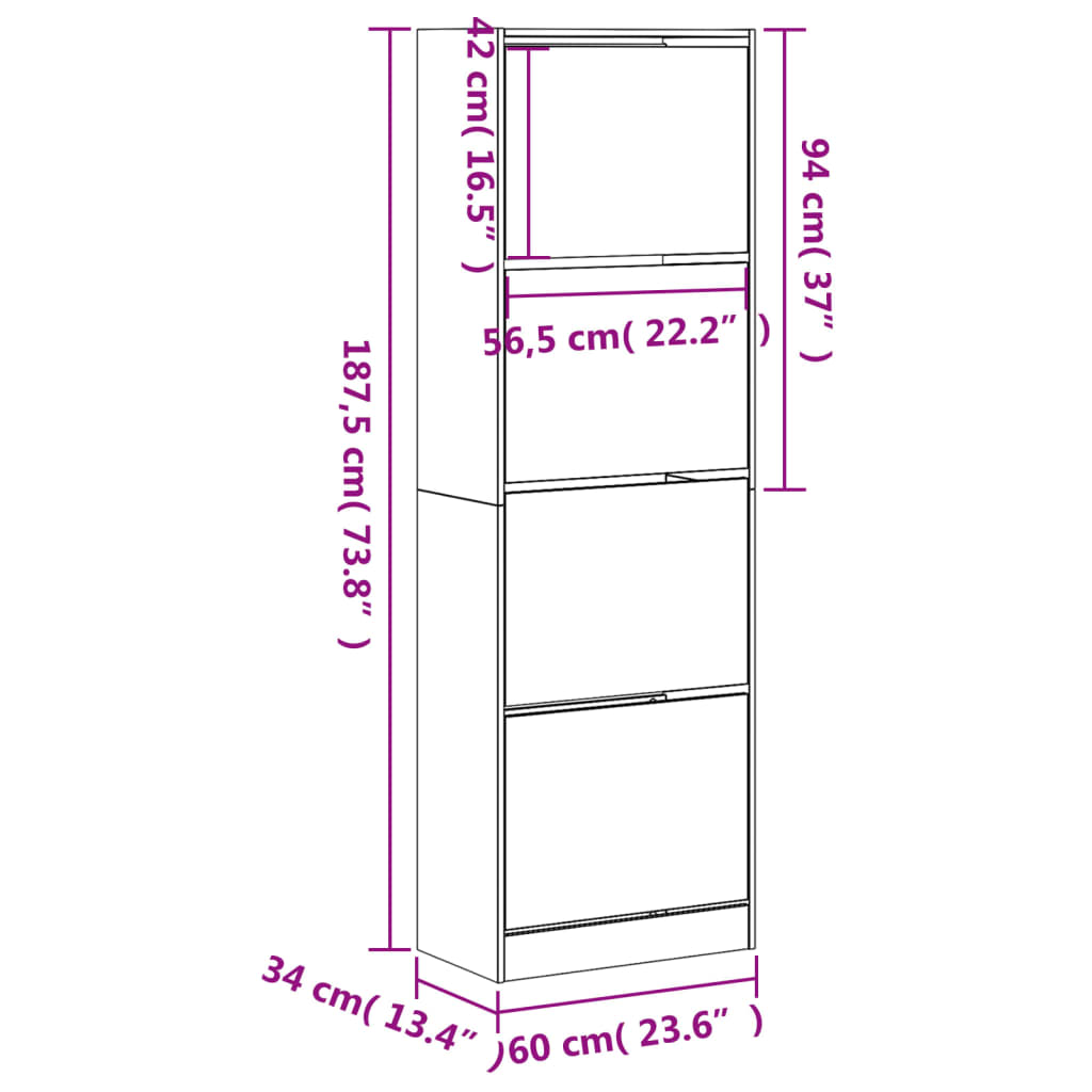 vidaXL Παπουτσοθήκη με 4 Ανακλ. Συρτάρια Sonoma Δρυς 60x34x187,5 εκ.
