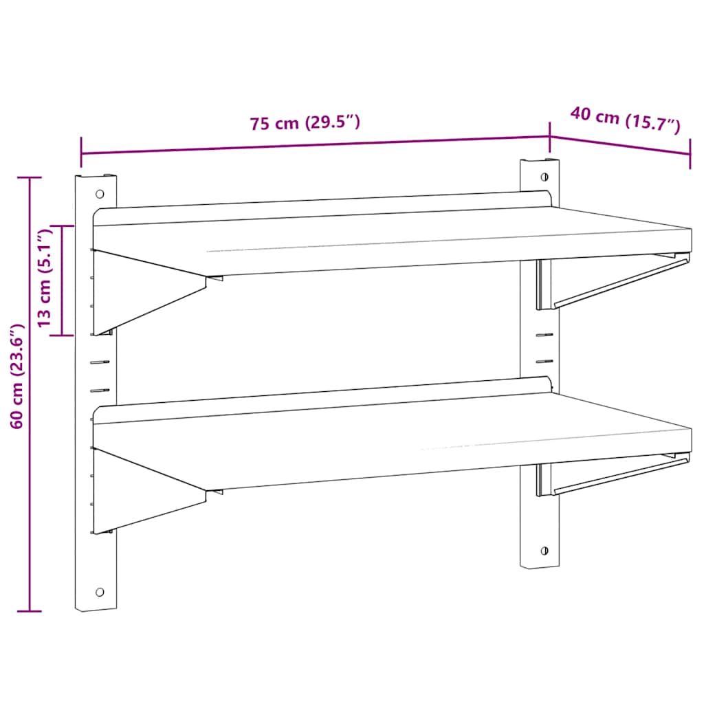 vidaXL Ράφι Τοίχου 2 Επιπ. Ασημί 75x40x60 εκ. Ανοξείδωτο Ατσάλι