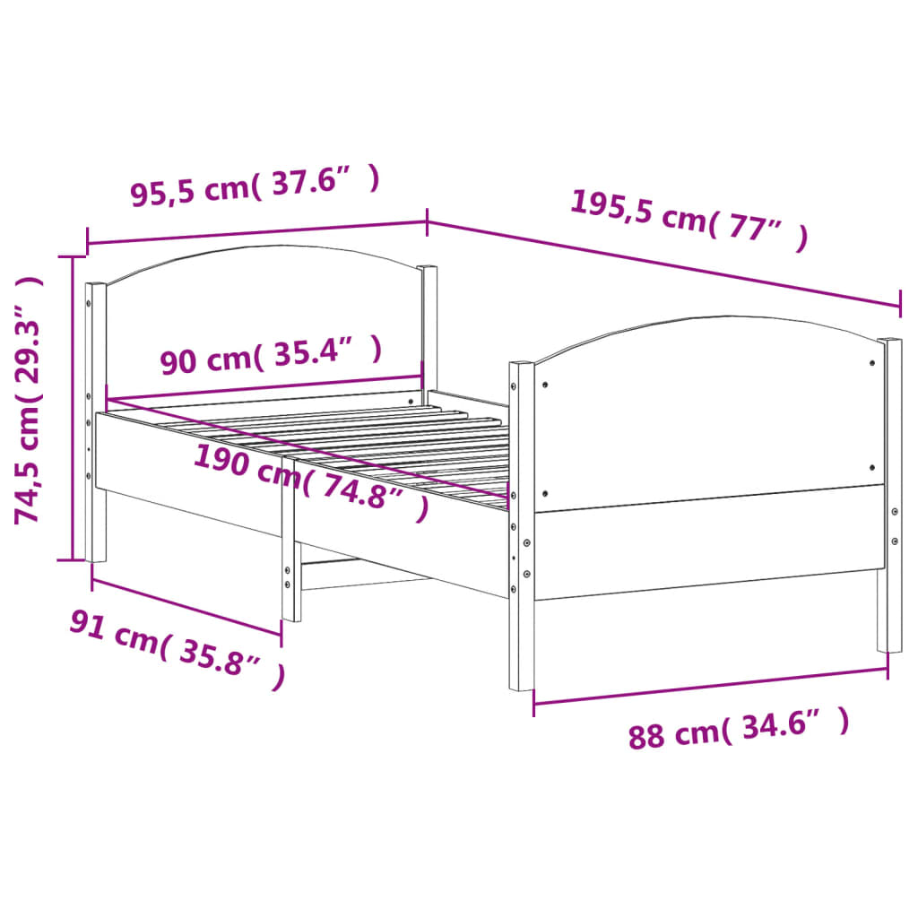 vidaXL Σκελετός Κρεβατιού Χωρίς Στρώμα 90x190 εκ Μασίφ Ξύλο Πεύκου