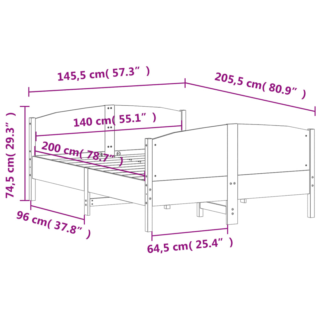 vidaXL Σκελετός Κρεβατιού Χωρίς Στρώμα 140x200 εκ Μασίφ Ξύλο Πεύκου