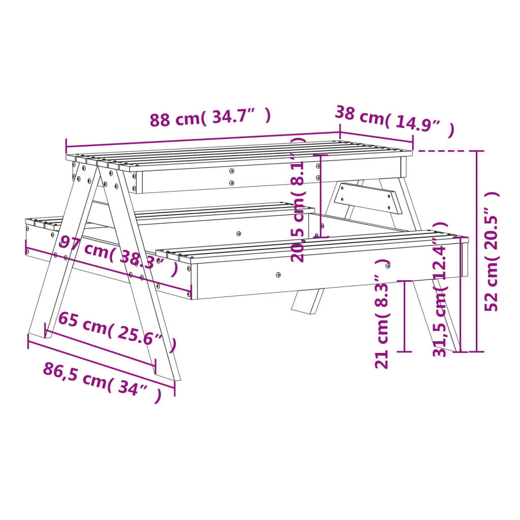 vidaXL Τραπέζι Πικνίκ για Παιδιά 88x97x52 εκ. Λευκό Μασίφ Ξύλο Πεύκου