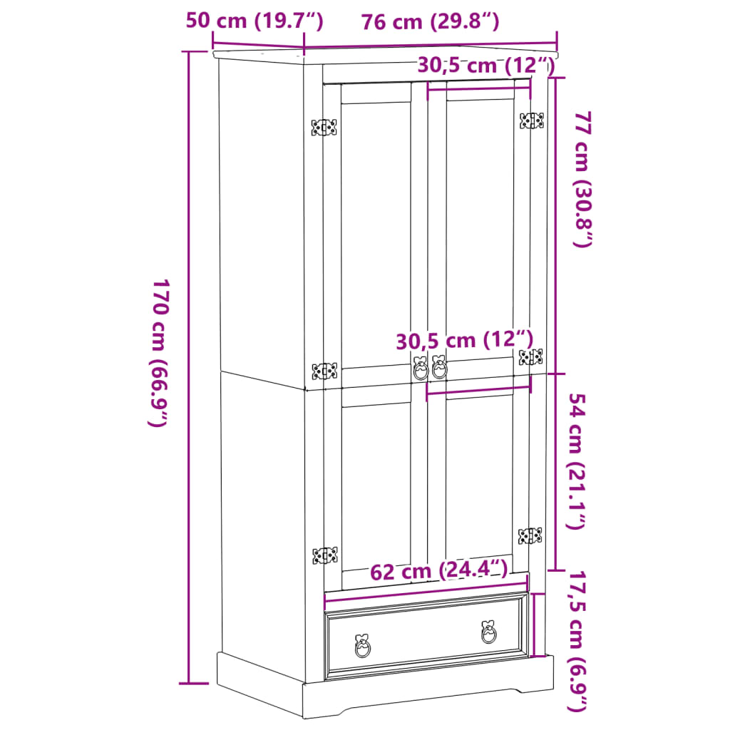 vidaXL Ντουλάπα Corona 76x50x170 εκ. από Μασίφ Ξύλο Πεύκου