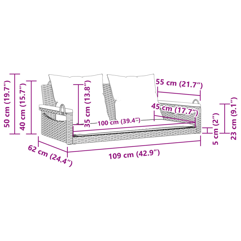 vidaXL Παγκάκι Κούνια Γκρι 109x62x40 εκ. Συνθετικό Ρατάν με Μαξιλάρια