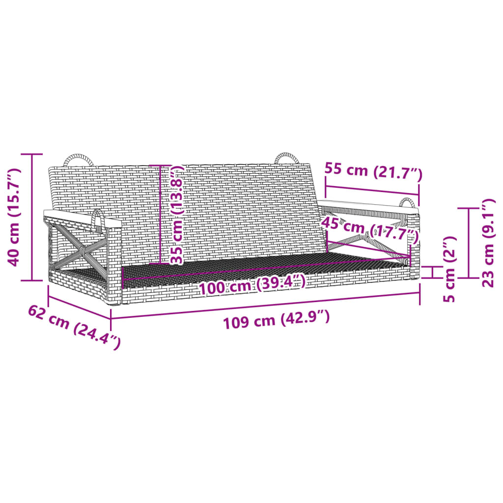 vidaXL Παγκάκι Κούνια Μαύρο 109 x 62 x 40 εκ. από Συνθετικό Ρατάν