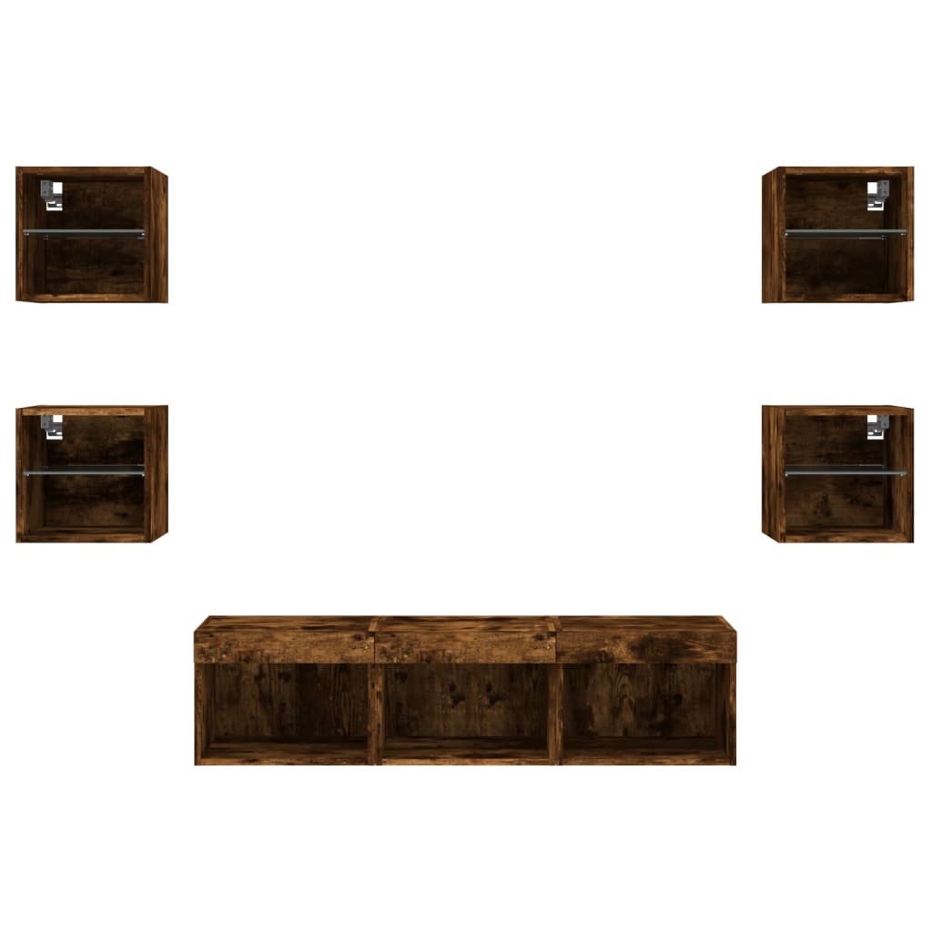 vidaXL Έπιπλα Τοίχου Τηλεόρασης 7 τεμ LED Καπνιστή Δρυς από Επεξ. Ξύλο