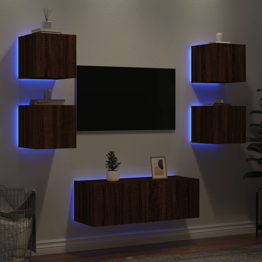 vidaXL Έπιπλα Τοίχου Τηλεόρασης 6 τεμ. LED Καφέ Δρυς από Επεξ. Ξύλο