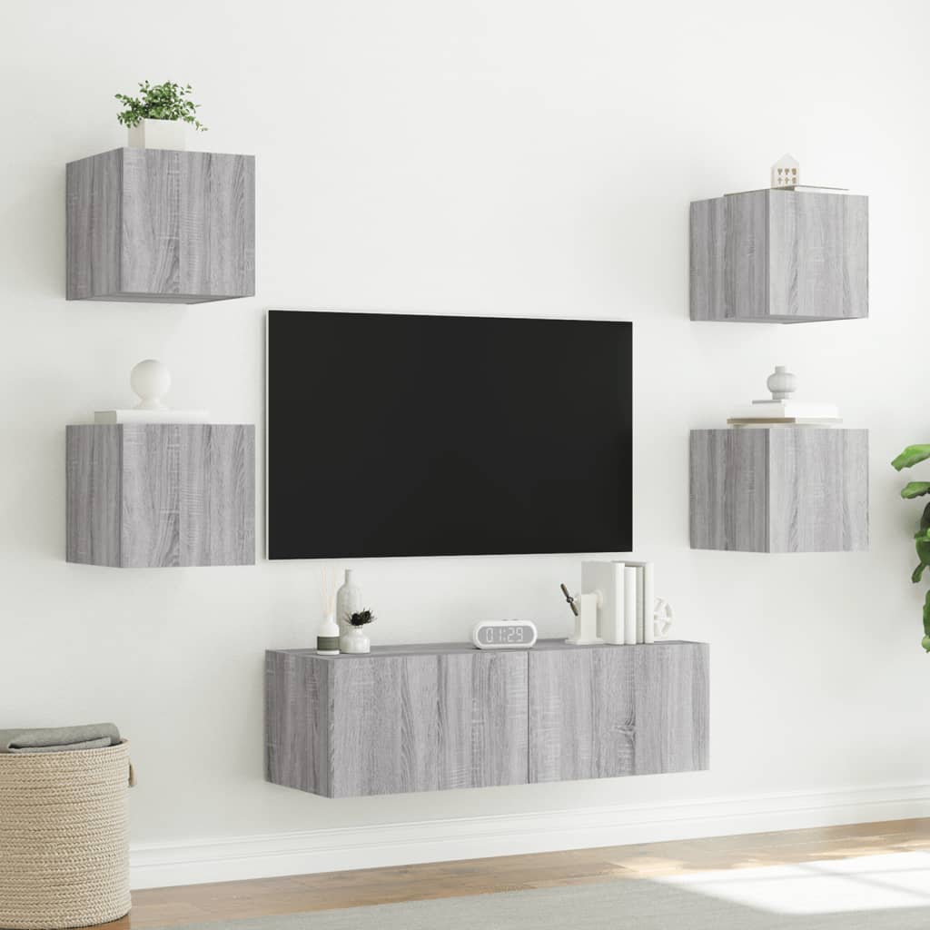 vidaXL Ντουλάπια Τηλεόρασης Τοίχου 5 Τεμ. με Φώτα LED Γκρι Sonoma