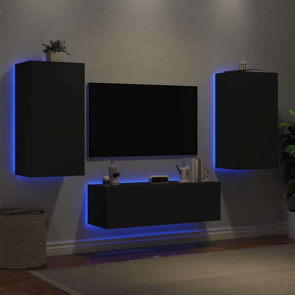 vidaXL Ντουλάπια Τηλεόρασης Τοίχου 3 Τεμ. με Φώτα LED Μαύρα