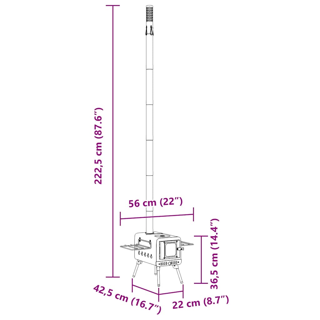 vidaXL Σόμπα Ξύλινη Σκηνή με Καμινάδα/Πτυσσόμενα Πόδια Μαύρη Ατσάλινη