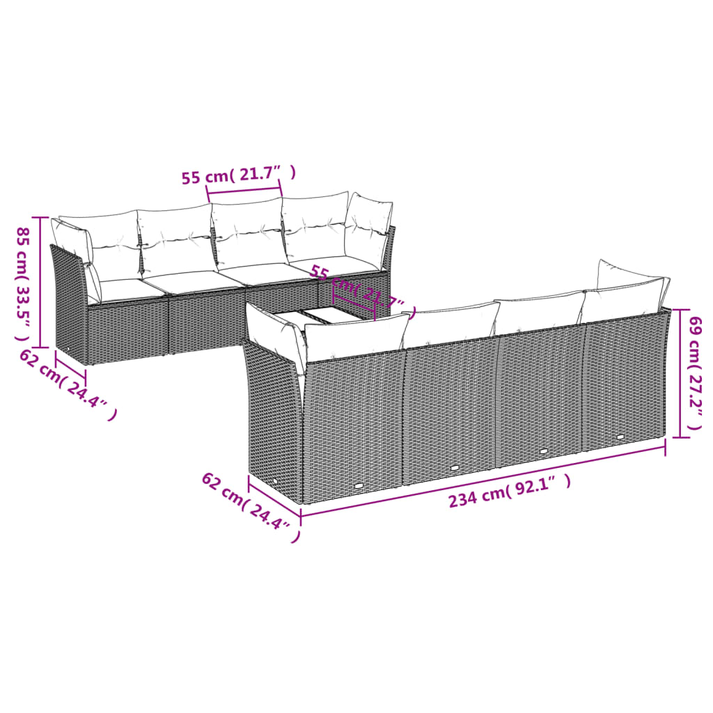 vidaXL Σαλόνι Κήπου Σετ 9 Τεμαχίων Μαύρο από Συνθ. Ρατάν με Μαξιλάρια