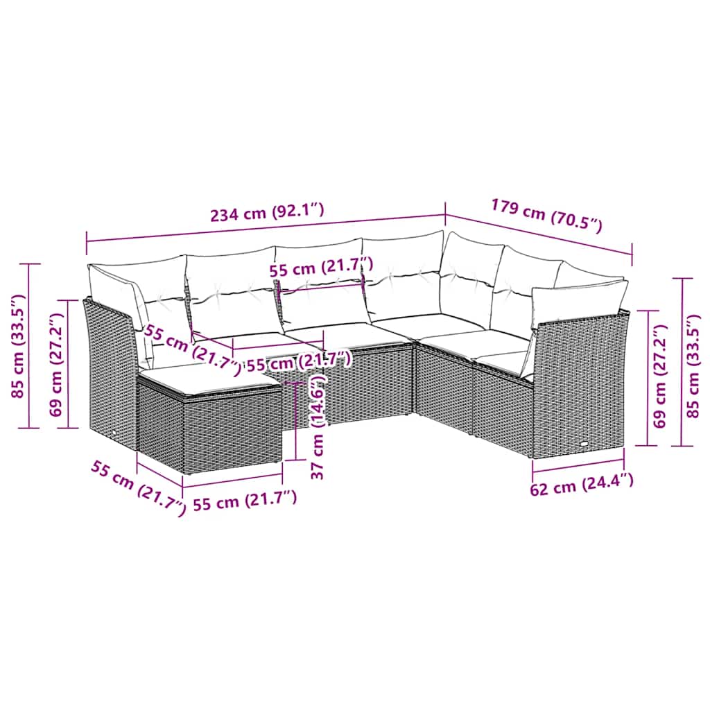 vidaXL Καναπές Σετ 7 Τεμαχίων Μαύρο Συνθετικό Ρατάν με Μαξιλάρια