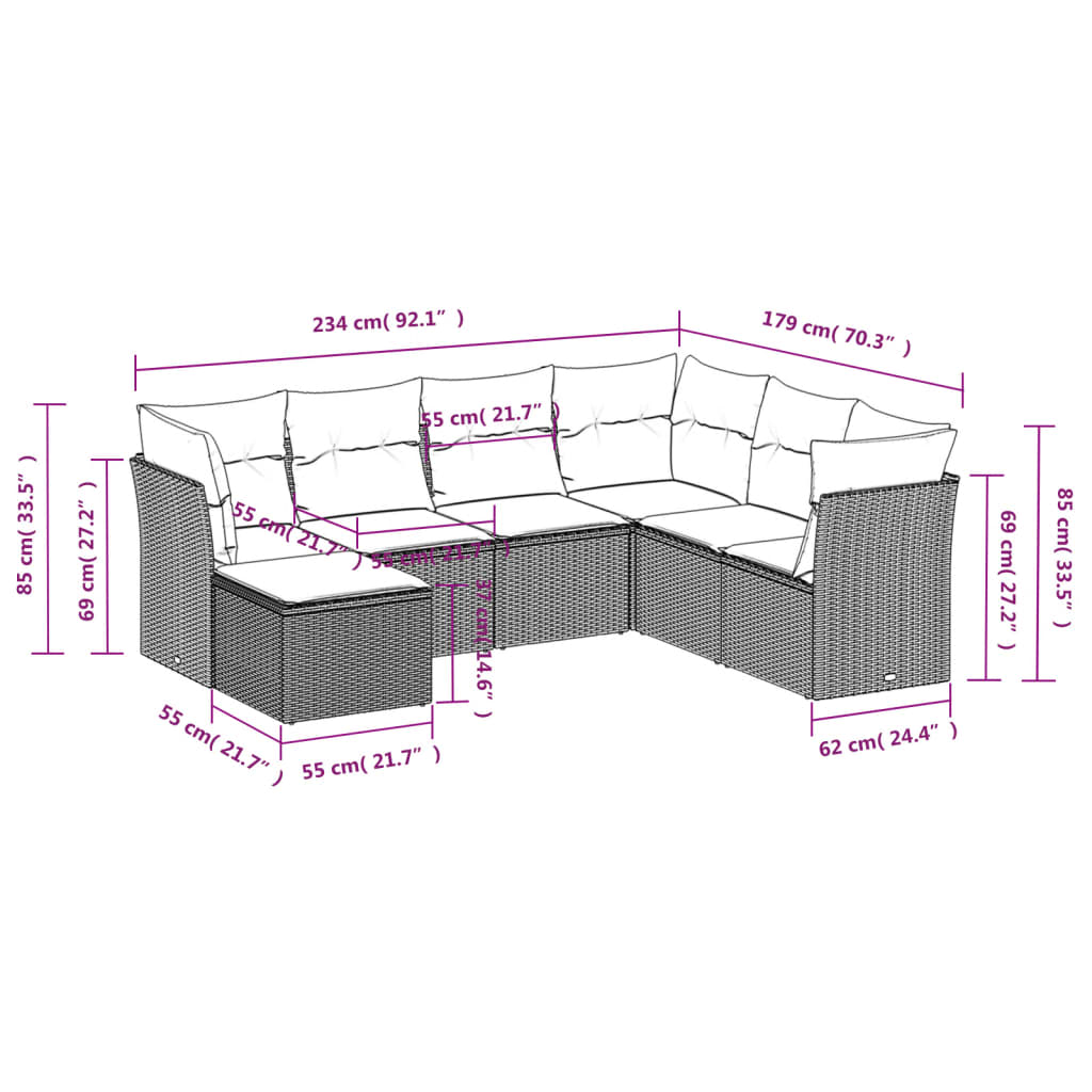 vidaXL Σαλόνι Κήπου Σετ 7 Τεμαχίων Καφέ Συνθετικό Ρατάν με Μαξιλάρια