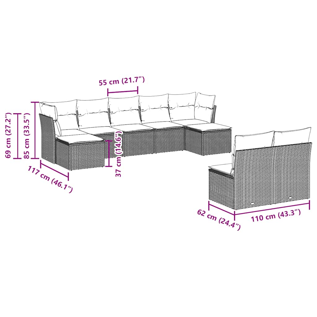 vidaXL Σαλόνι Κήπου Σετ 9 Τεμαχίων Μαύρο από Συνθ. Ρατάν με Μαξιλάρια