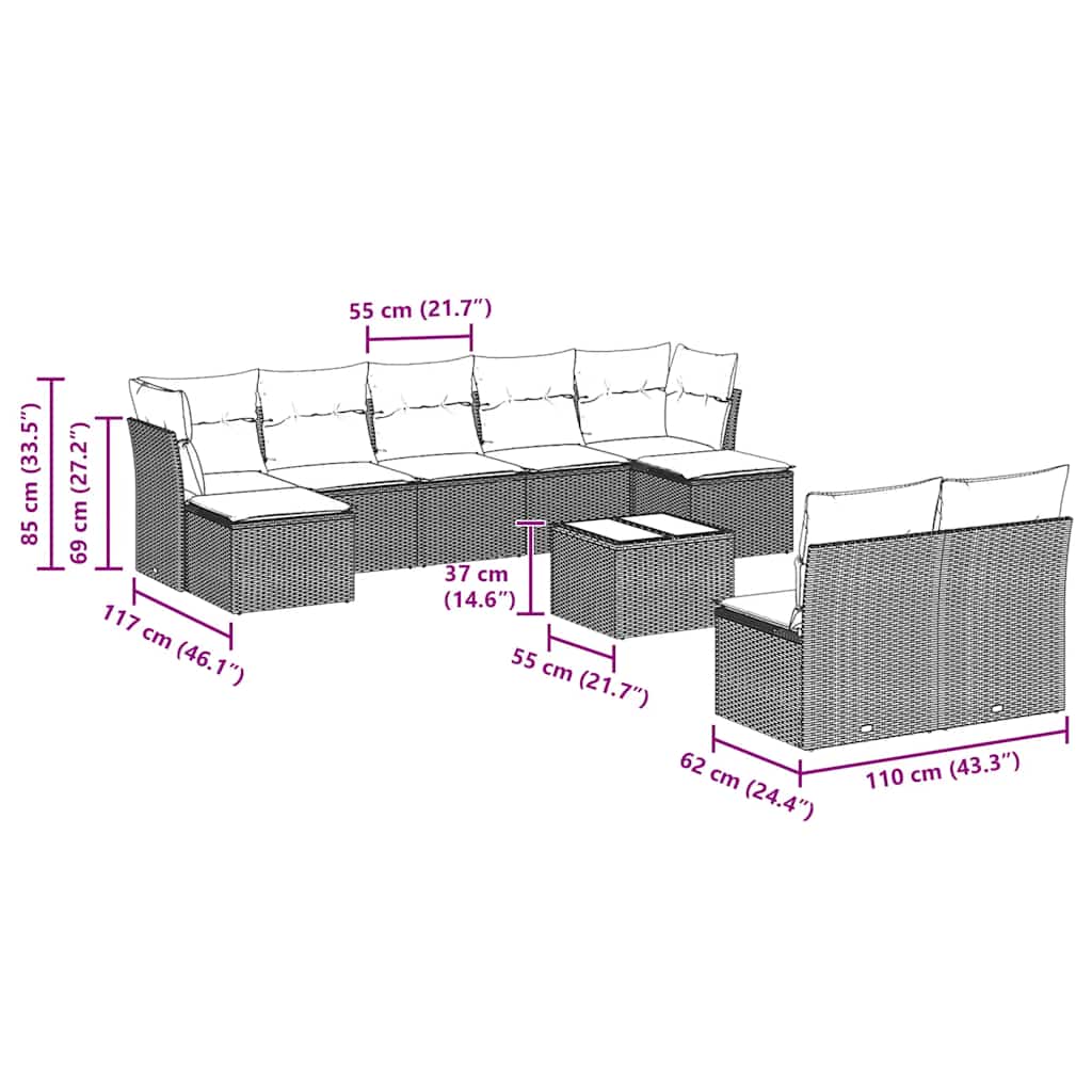 vidaXL Σαλόνι Κήπου 10 Τεμαχίων Αν. Γκρι Συνθετικό Ρατάν με Μαξιλάρια