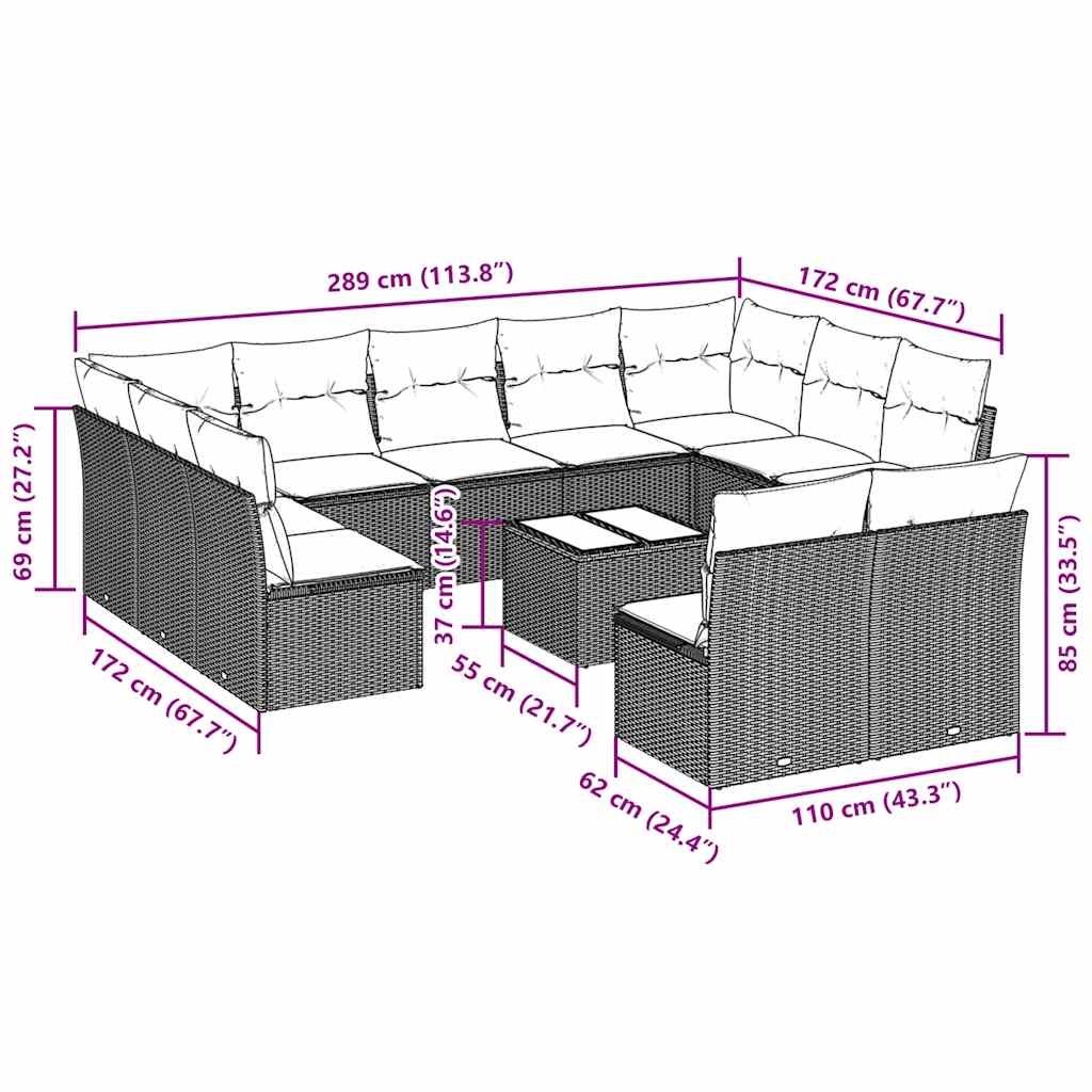 vidaXL Σαλόνι Κήπου 12 Τεμαχίων Αν. Γκρι Συνθετικό Ρατάν με Μαξιλάρια