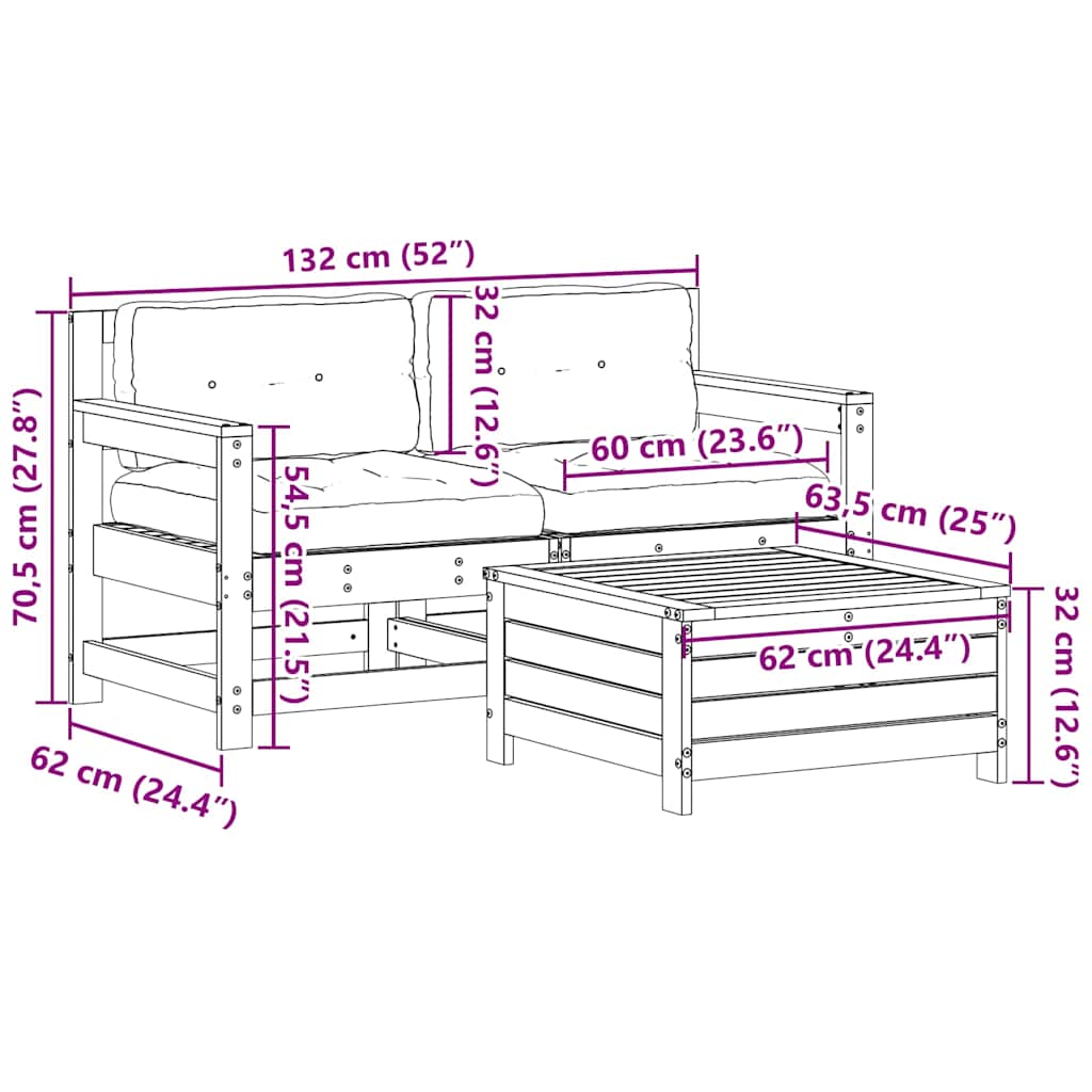 vidaXL Σαλόνι Κήπου Σετ 3 Τεμαχίων από Μασίφ Ξύλο Πεύκου με Μαξιλάρια
