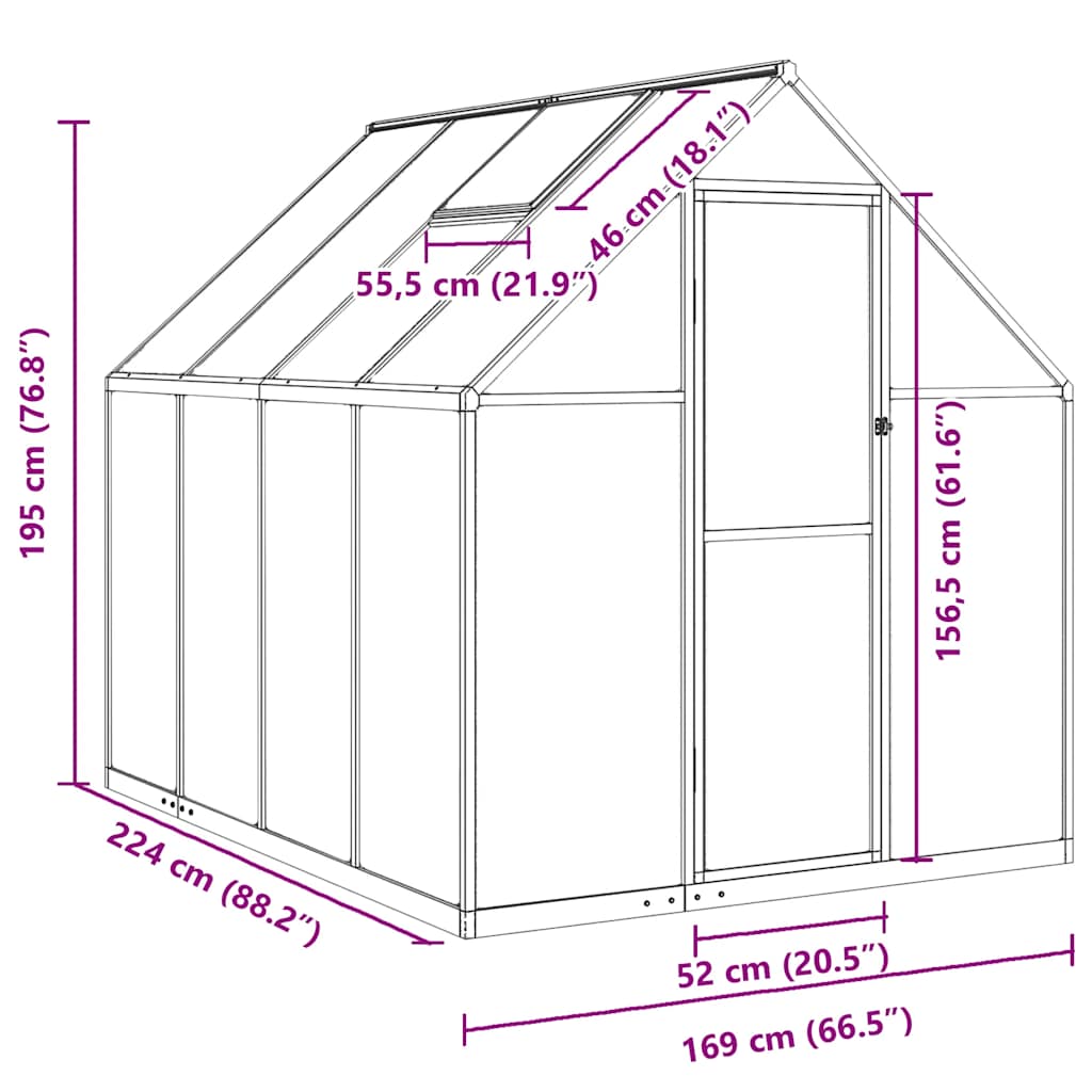 vidaXL Θερμοκήπιο με Πλαίσιο Βάσης Ασημί 224x169x195 εκ. Αλουμίνιο