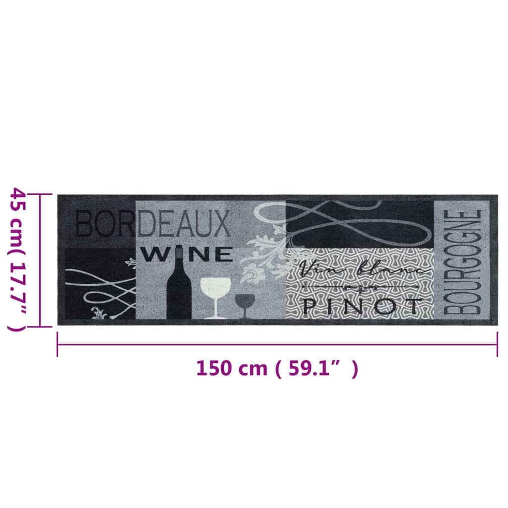 vidaXL Χαλί Κουζίνας Πλενόμενο Γκρι Επιγραφή Wine 45x150 εκ. Βελούδο