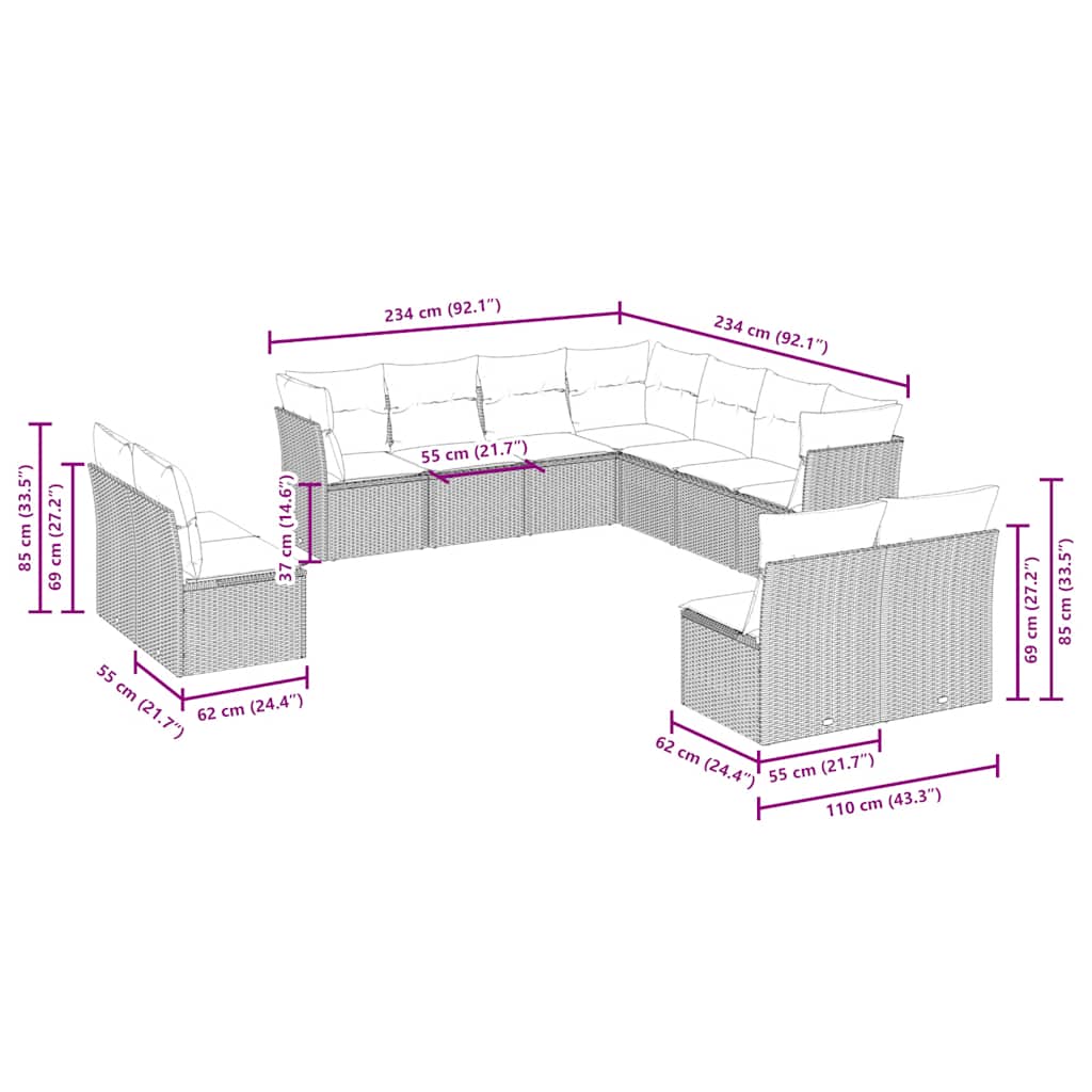 vidaXL Σαλόνι Κήπου 11 Τεμαχίων Αν. Γκρι Συνθετικό Ρατάν με Μαξιλάρια