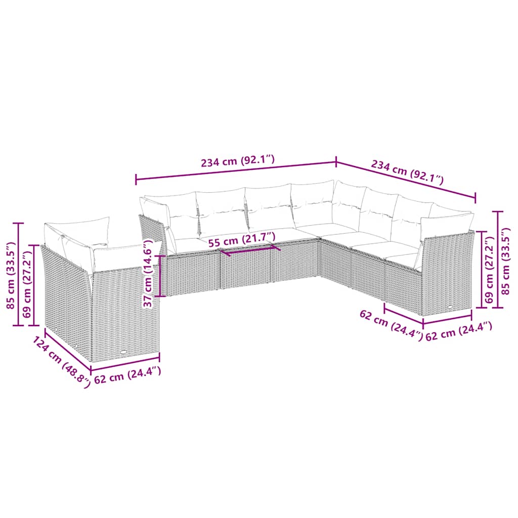 vidaXL Σαλόνι Κήπου Σετ 9 Τεμαχίων Γκρι Συνθετικό Ρατάν με Μαξιλάρια