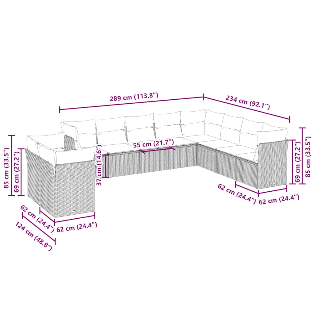 vidaXL Σαλόνι Κήπου 10 Τεμαχίων Αν. Γκρι Συνθετικό Ρατάν με Μαξιλάρια